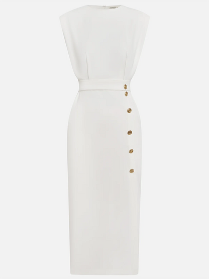 Elegant Sleeveless Midi Dress with Side Slit and Gold Button Detail