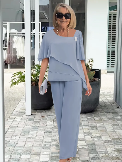Women’s Elegant Two-Piece Pant Set with Layered Asymmetrical Top