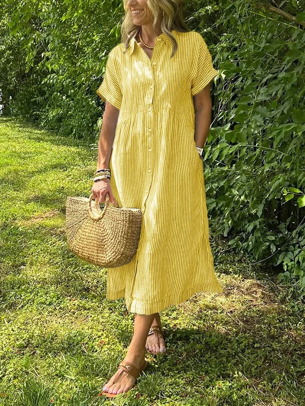 Women's Striped Collared Button-Front Short Sleeve Dress