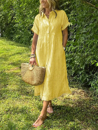 Women's Striped Collared Button-Front Short Sleeve Dress
