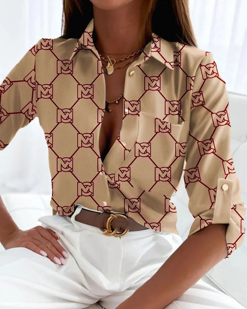 Women’s Printed Button-Up Blouse with Long Sleeves