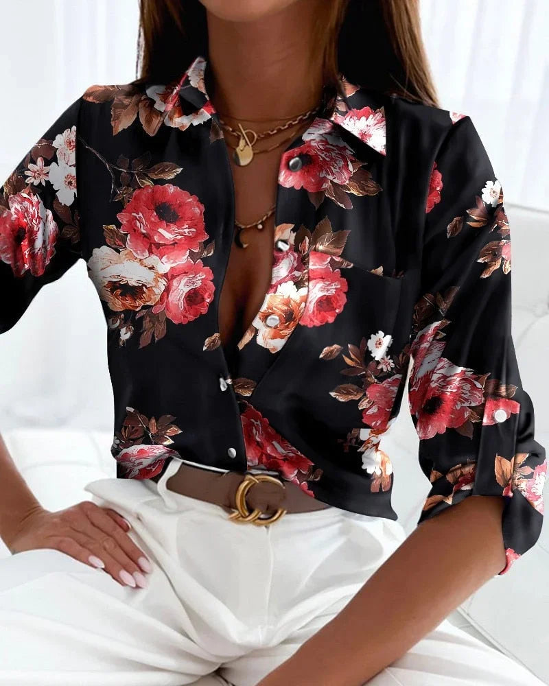Women’s Printed Button-Up Blouse with Long Sleeves