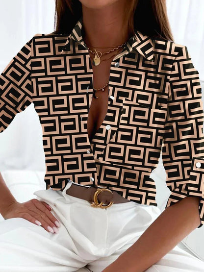 Women’s Printed Button-Up Blouse with Long Sleeves