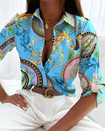 Women’s Printed Button-Up Blouse with Long Sleeves