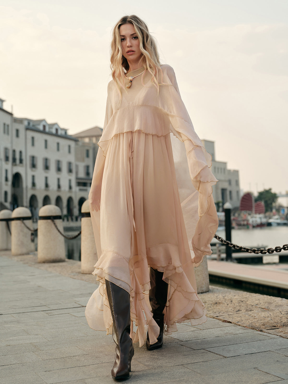 Chiffon Layered Dress with Cape Cloak for Women