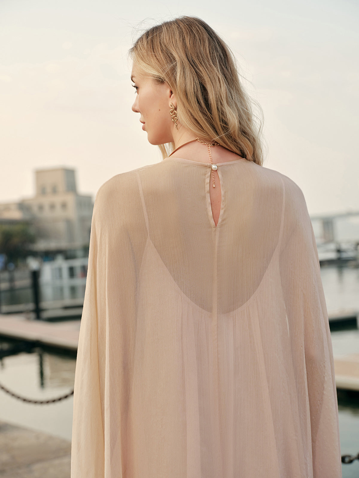Chiffon Layered Dress with Cape Cloak for Women