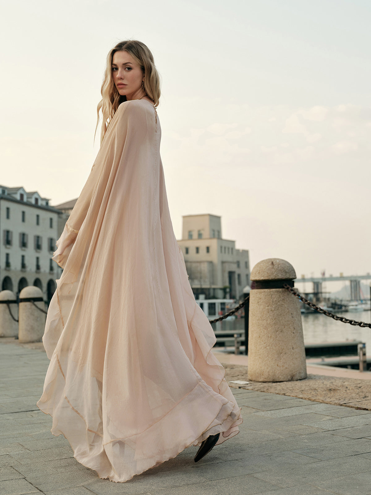 Chiffon Layered Dress with Cape Cloak for Women