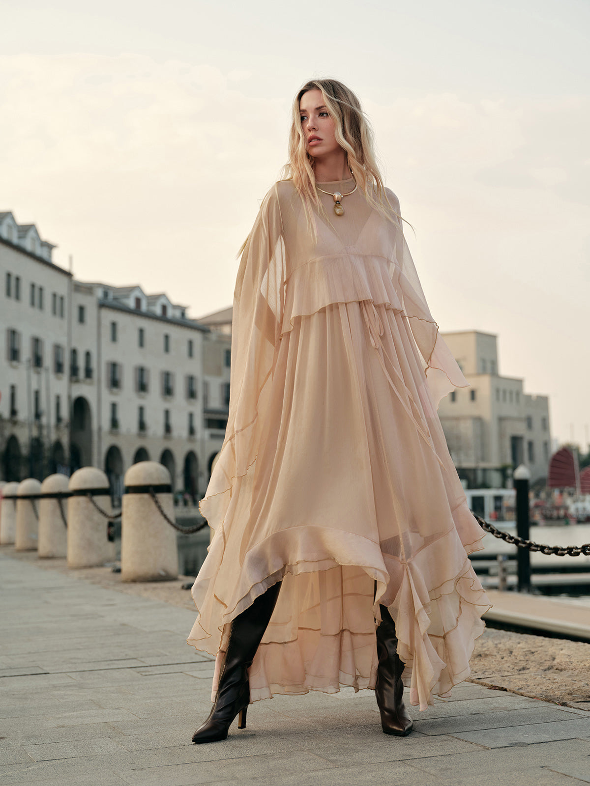 Chiffon Layered Dress with Cape Cloak for Women