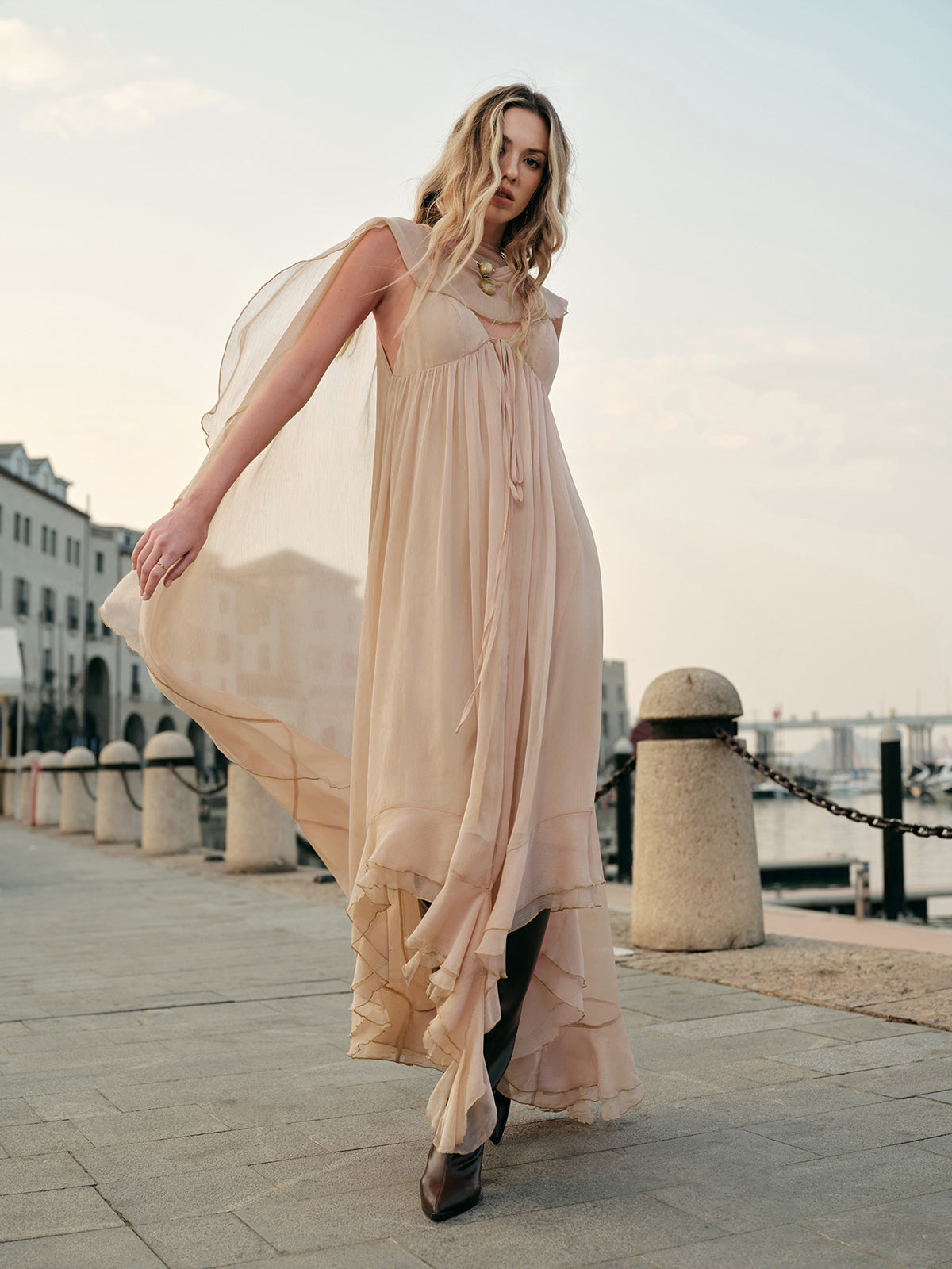 Chiffon Layered Dress with Cape Cloak for Women