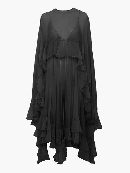 Chiffon Layered Dress with Cape Cloak for Women