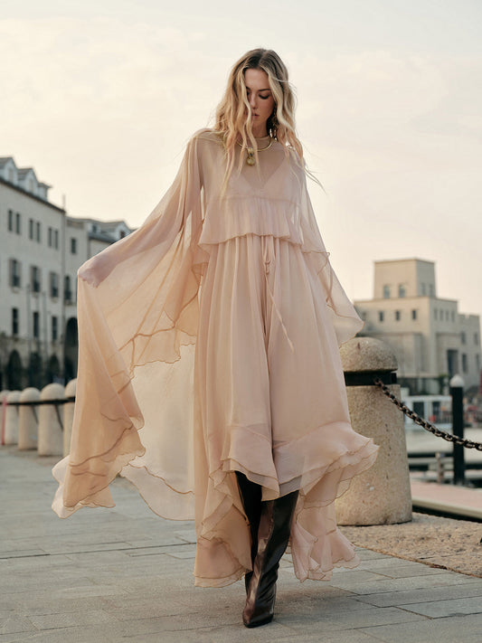 Chiffon Layered Dress with Cape Cloak for Women