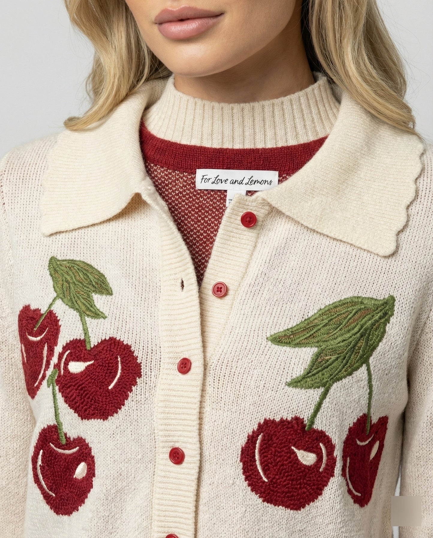 Women's Cropped Knit Cardigan with Cherry Floral Pattern