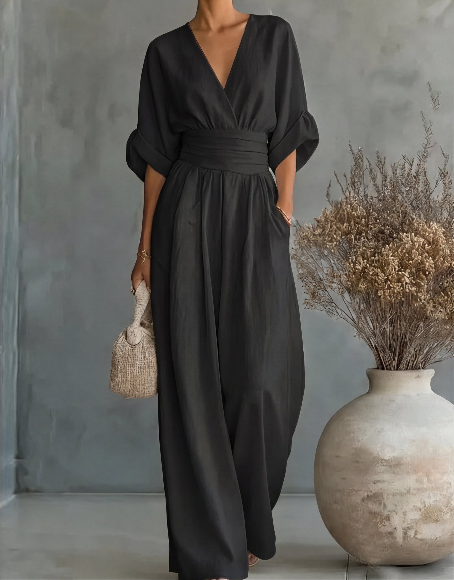 Women’s Elegant Wide-Leg Jumpsuit with Wrap Front Design