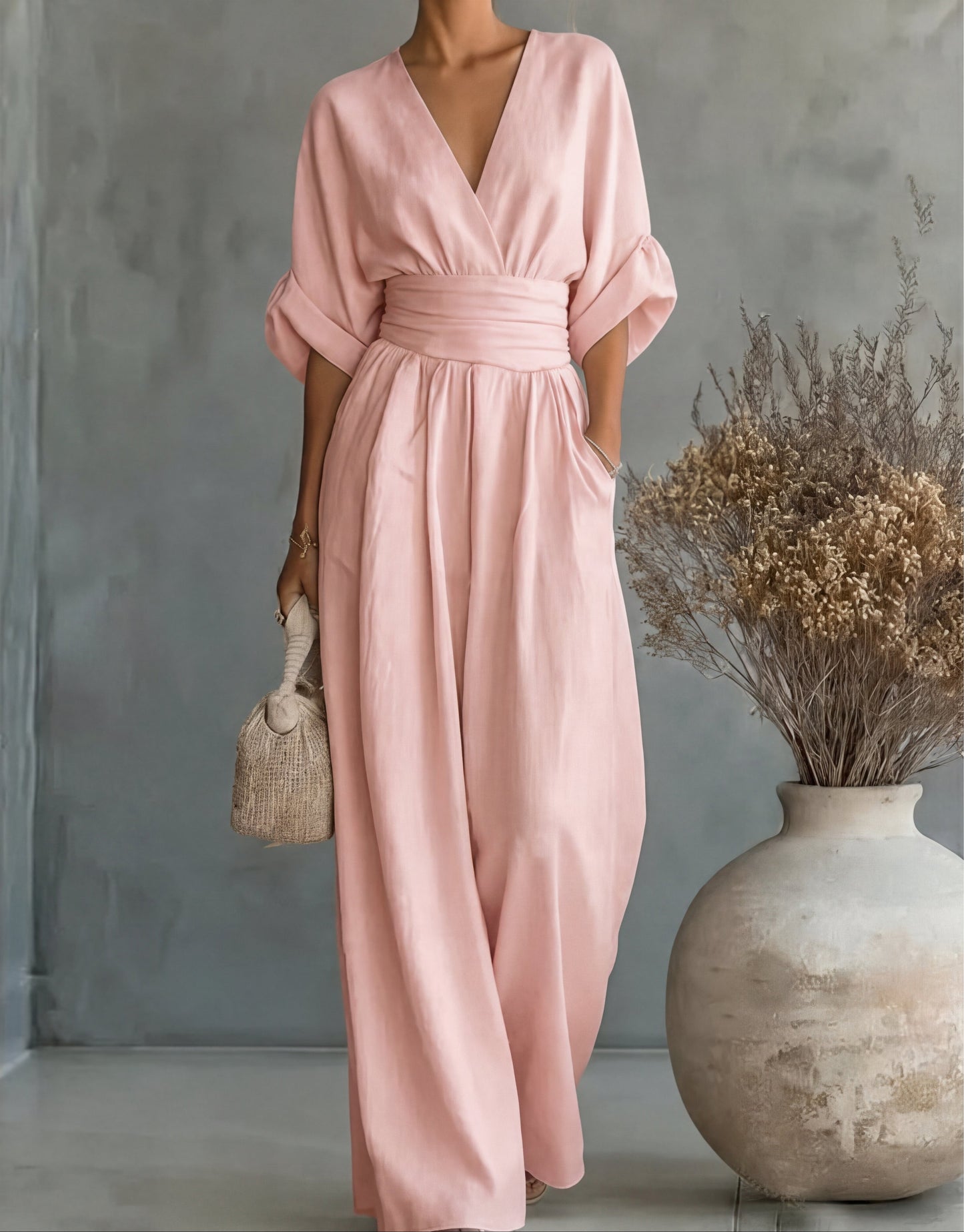Women’s Elegant Wide-Leg Jumpsuit with Wrap Front Design