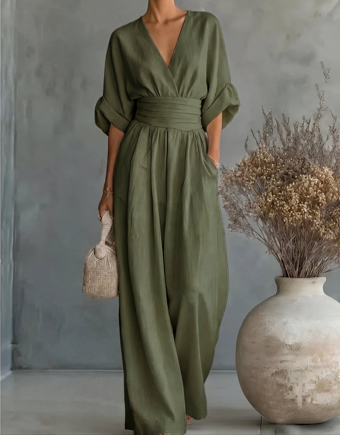 Women’s Elegant Wide-Leg Jumpsuit with Wrap Front Design