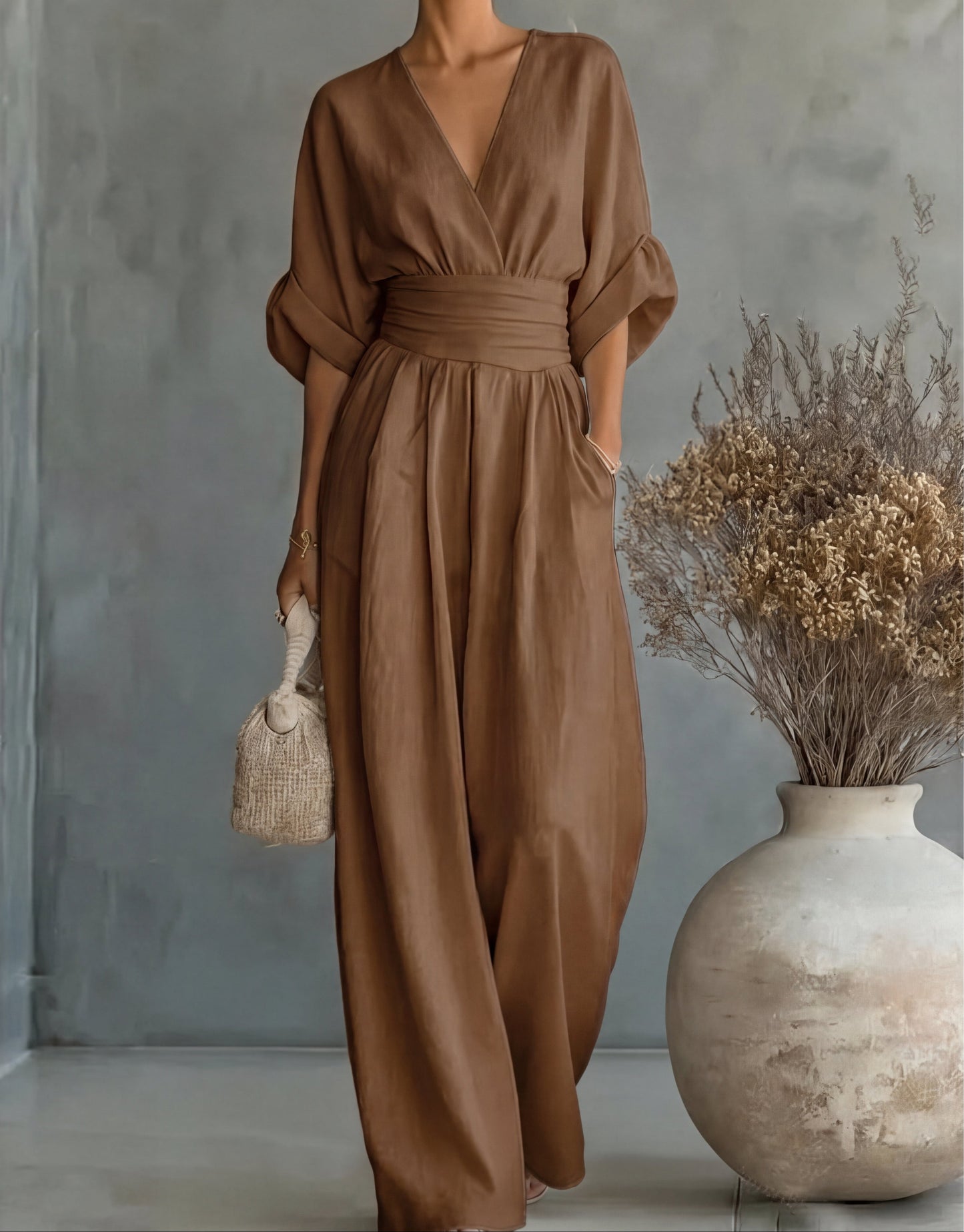 Women’s Elegant Wide-Leg Jumpsuit with Wrap Front Design