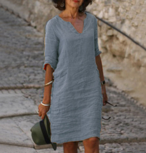 Casual V-Neck Linen-Style Midi Dress for Women