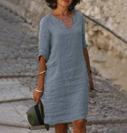 Casual V-Neck Linen-Style Midi Dress for Women
