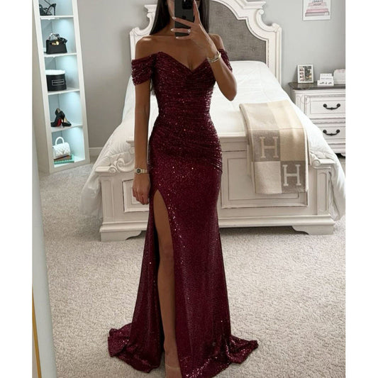 Women’s Off-Shoulder Sequin Evening Gown with High Slit