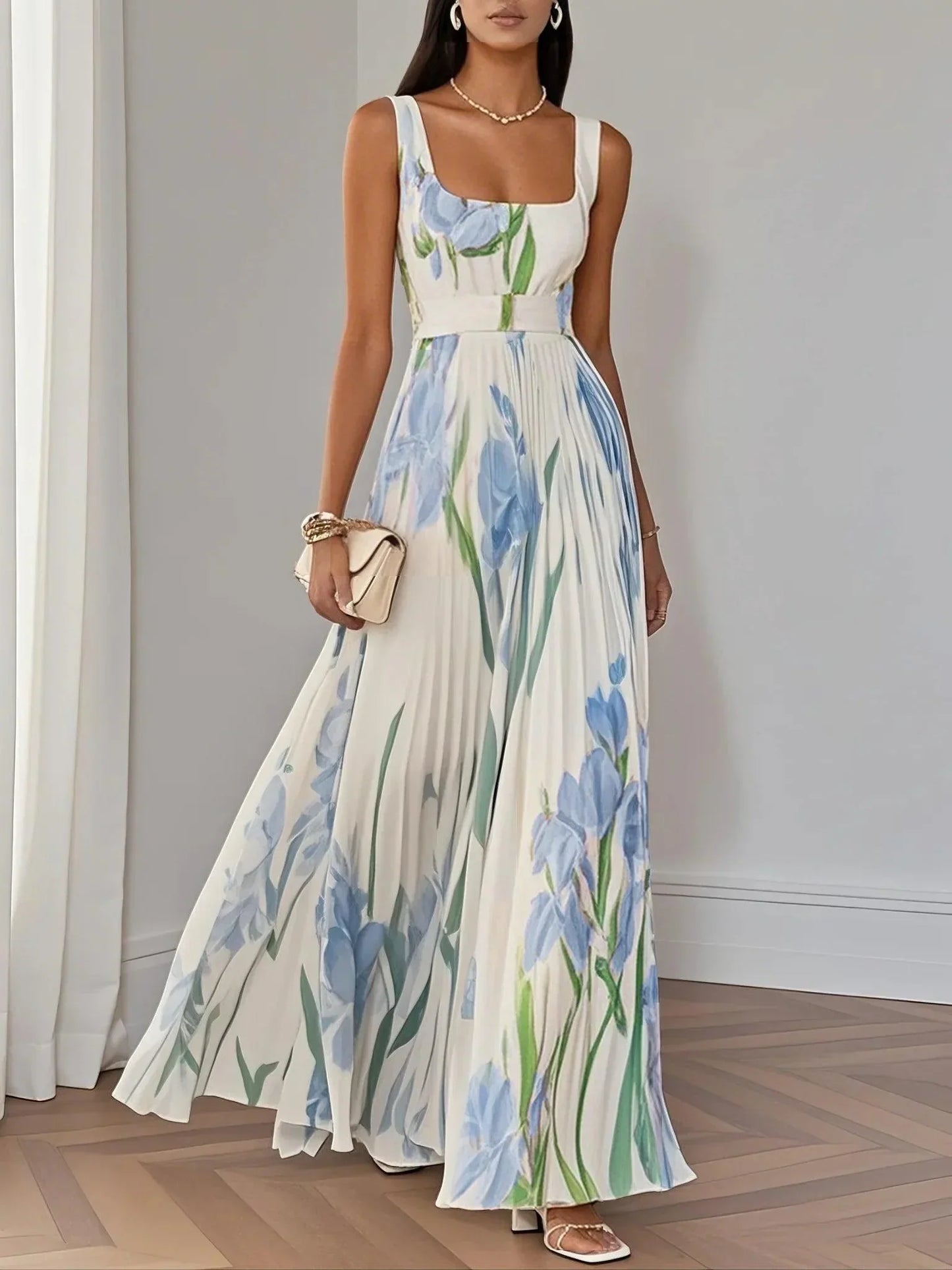 Floral Square Neck Flowy Maxi Dress for Women