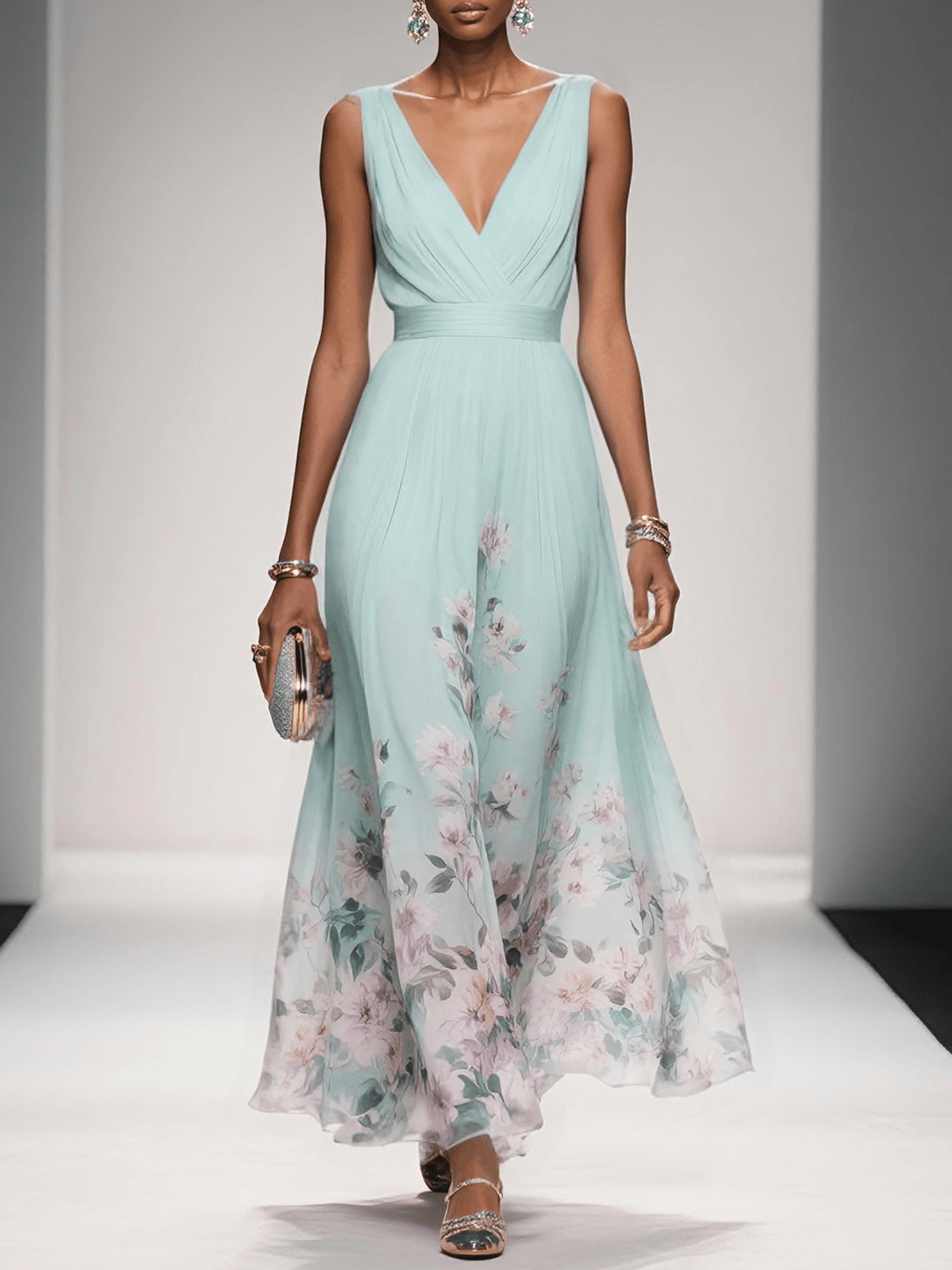 Floral Midi Dress with Deep V Neckline for Women