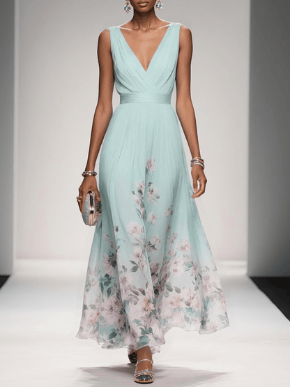Floral Midi Dress with Deep V Neckline for Women