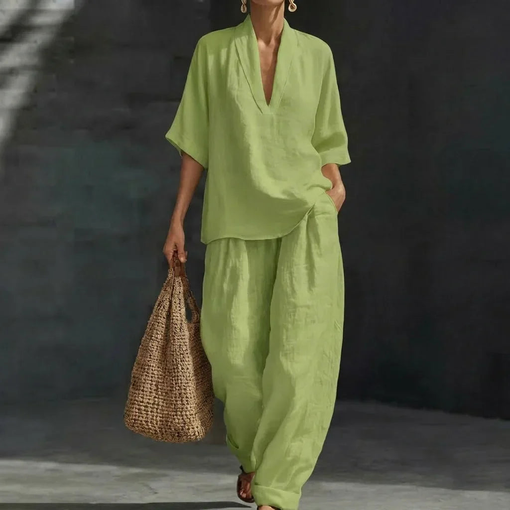 Women’s Relaxed Two-Piece Set with V-Neck Top and Wide-Leg Pants