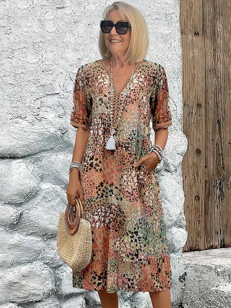 Bohemian Printed Midi Dress with Relaxed Fit for Women