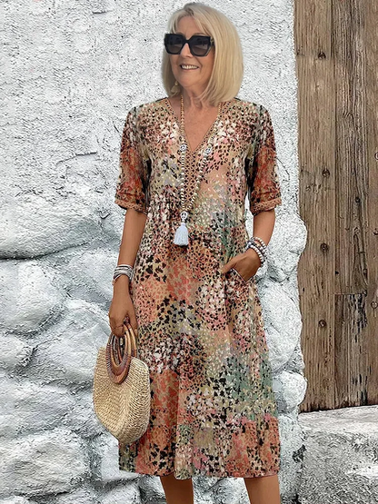 Bohemian Printed Midi Dress with Relaxed Fit for Women