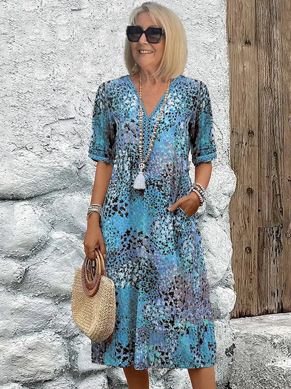 Bohemian Printed Midi Dress with Relaxed Fit for Women