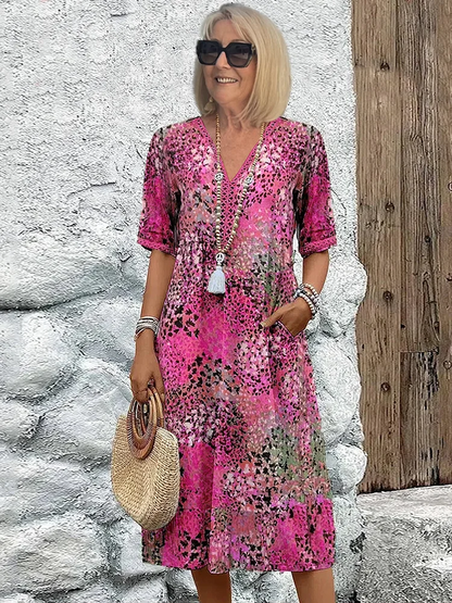 V-Neck Midi Dress Women Casual Summer Style