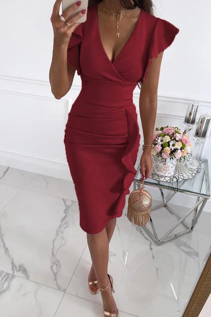 Elegant Women's Midi Cocktail Dress with Ruched Skirt