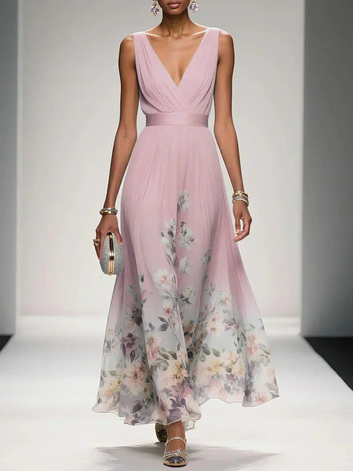 Floral Midi Dress with Deep V Neckline for Women