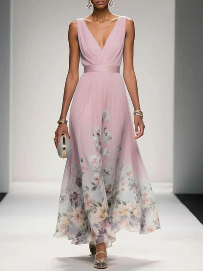 Floral Midi Dress with Deep V Neckline for Women