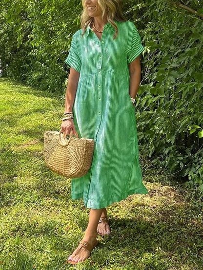 Women's Striped Collared Button-Front Short Sleeve Dress