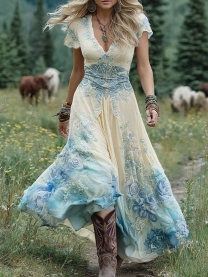 Bohemian Floral Print Maxi Dress with Flowing Silhouette