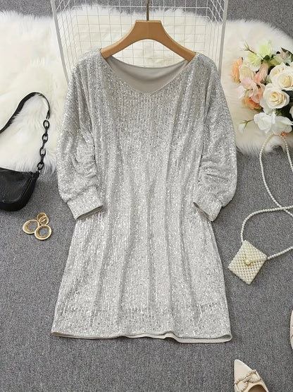 Women's Sequin Party Dress with Slim Fit Silhouette and Long Sleeves