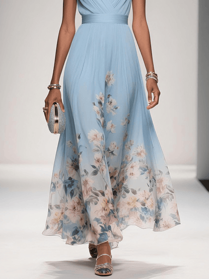 Floral Midi Dress with Deep V Neckline for Women