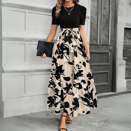 Women’s Floral Print Maxi Dress with Elegant Contrast Bodice