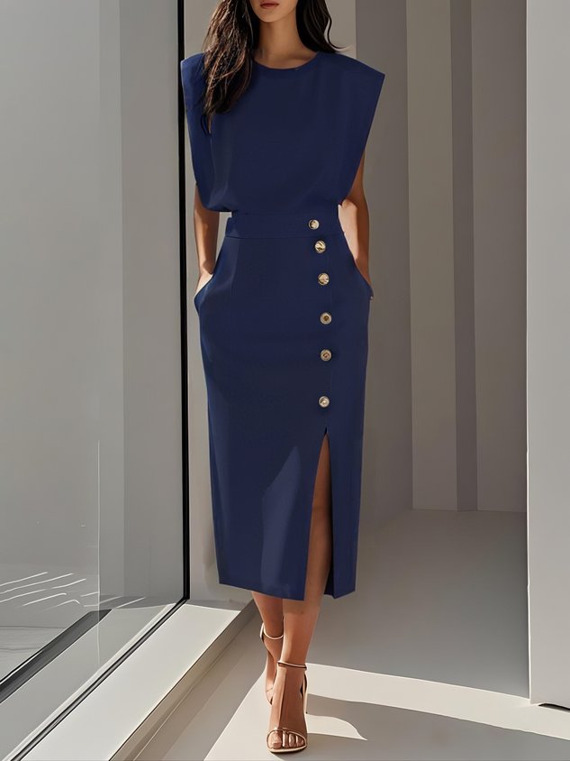 Elegant Sleeveless Midi Dress with Side Slit and Gold Button Detail