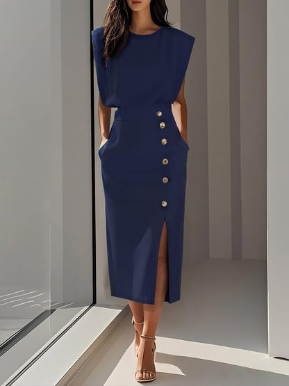 Elegant Sleeveless Midi Dress with Side Slit and Gold Button Detail
