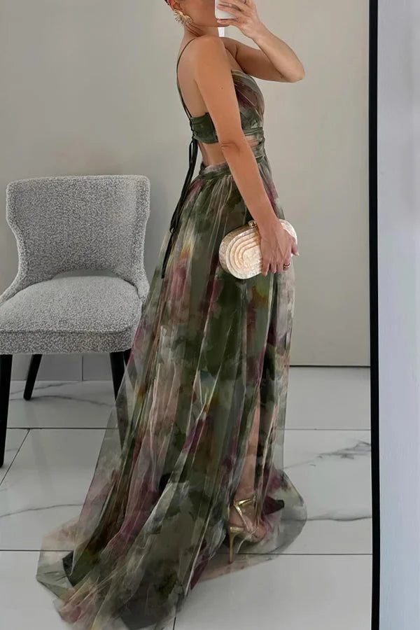 Women’s Watercolor Floral Maxi Dress with Twist Front Bodice