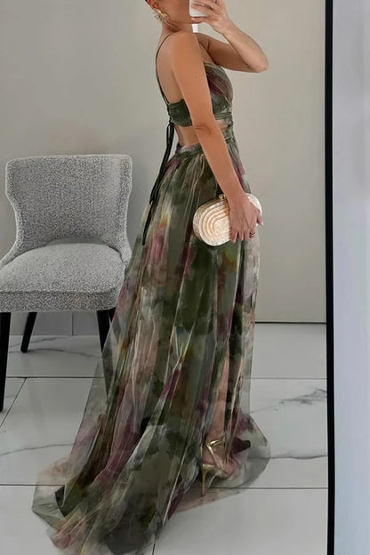 Women’s Watercolor Floral Maxi Dress with Twist Front Bodice