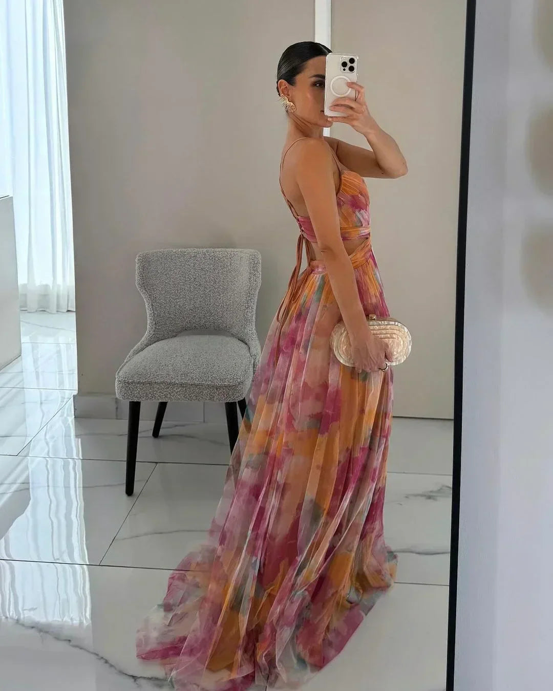 Women’s Watercolor Floral Maxi Dress with Twist Front Bodice