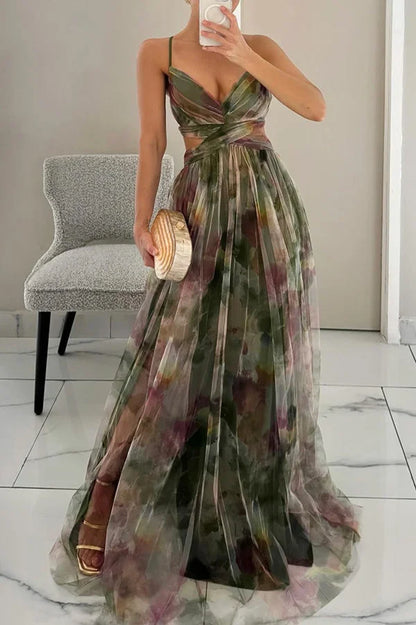 Women’s Watercolor Floral Maxi Dress with Twist Front Bodice