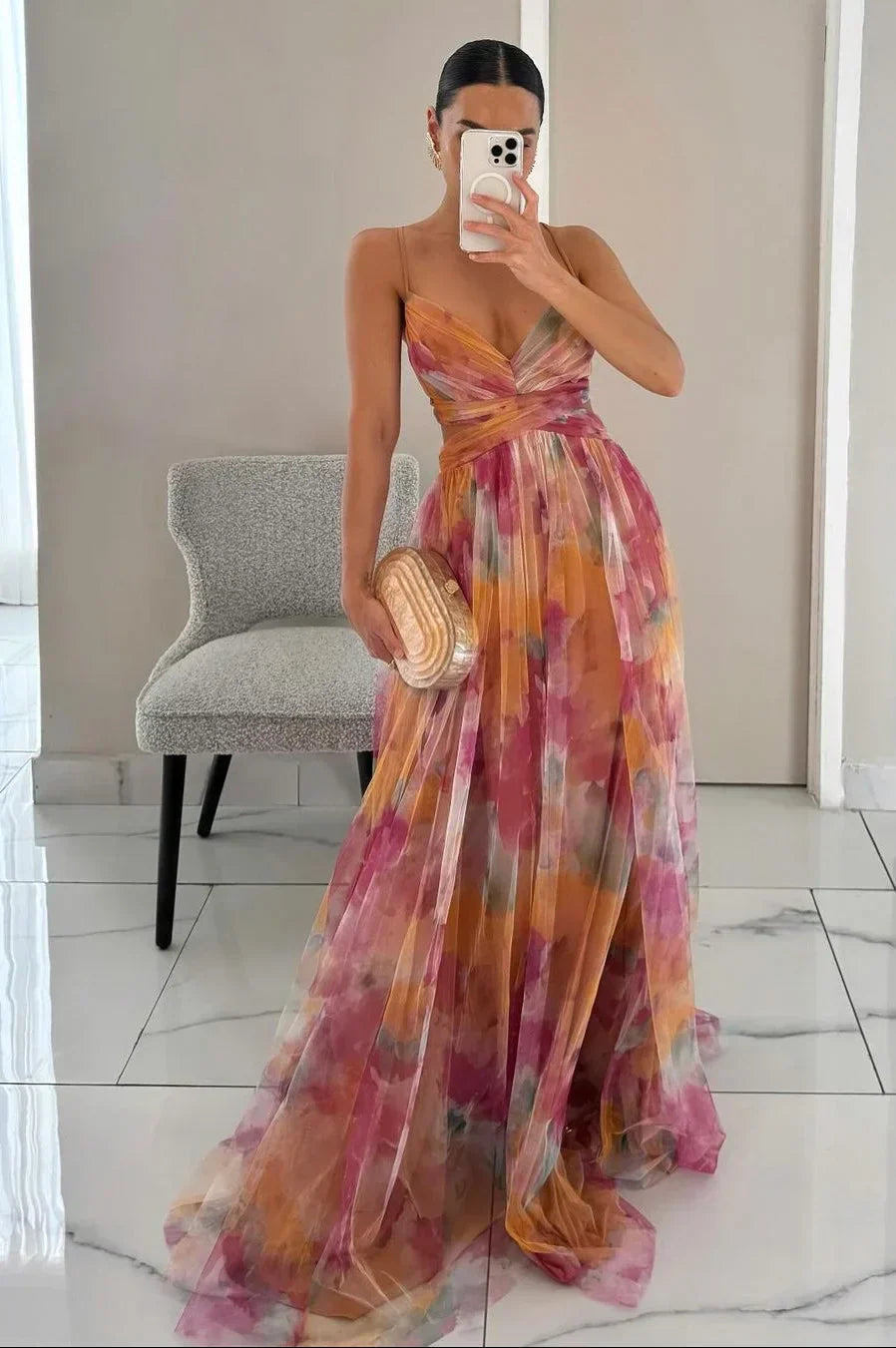 Women’s Watercolor Floral Maxi Dress with Twist Front Bodice