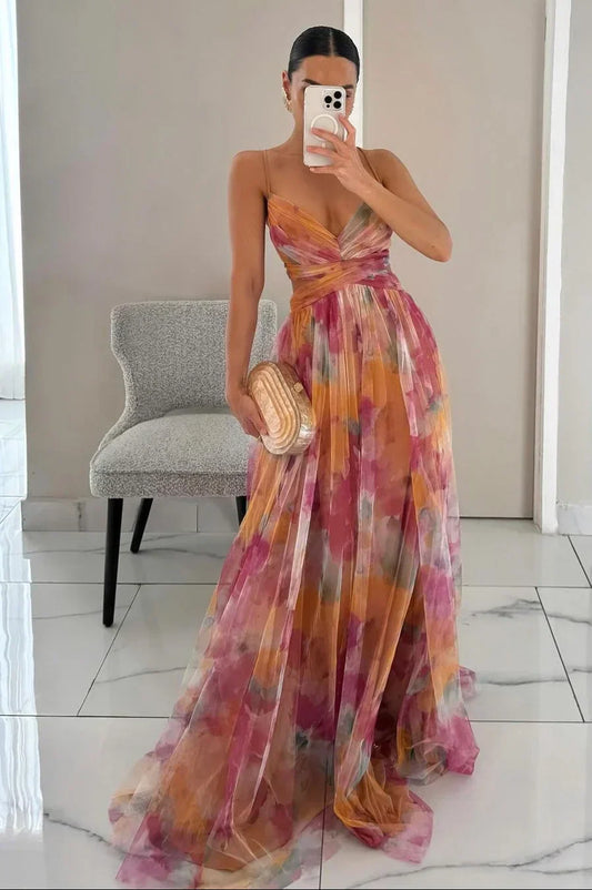 Women’s Watercolor Floral Maxi Dress with Twist Front Bodice