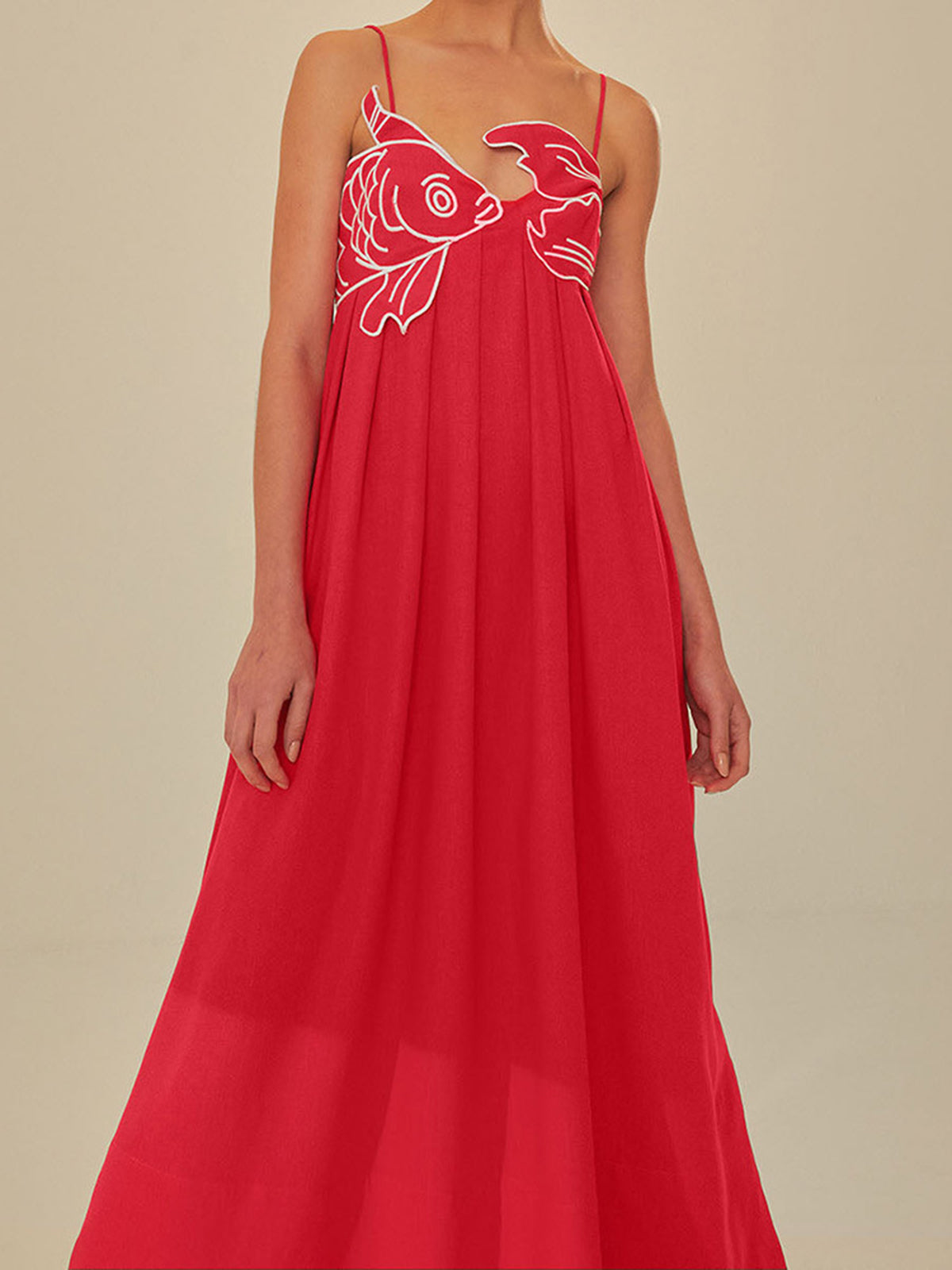 Embroidered Cotton Midi Dress with Spaghetti Straps for Women