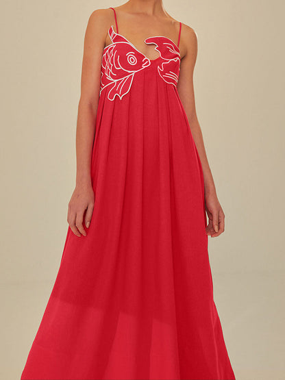 Embroidered Cotton Midi Dress with Spaghetti Straps for Women