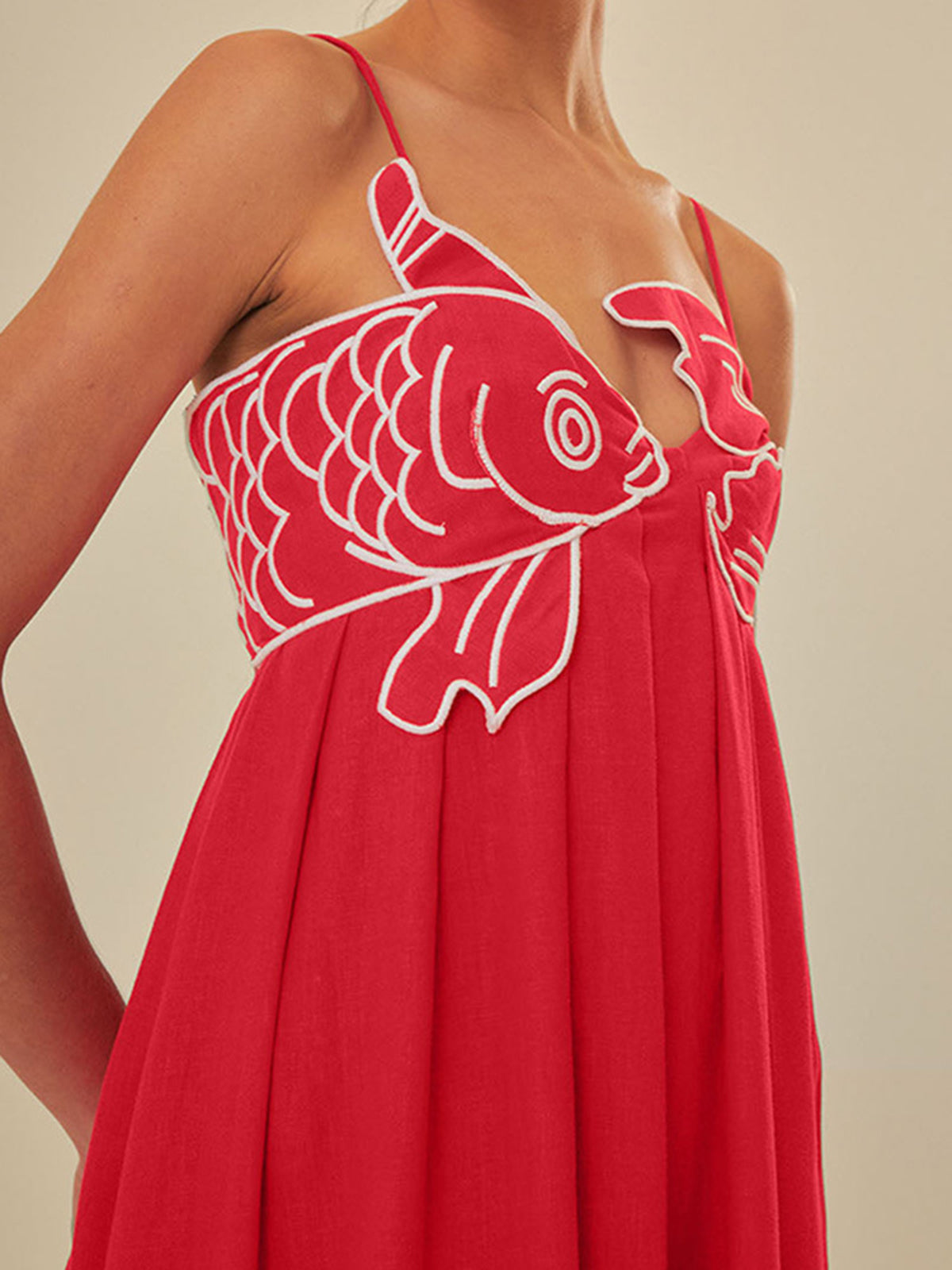 Embroidered Cotton Midi Dress with Spaghetti Straps for Women
